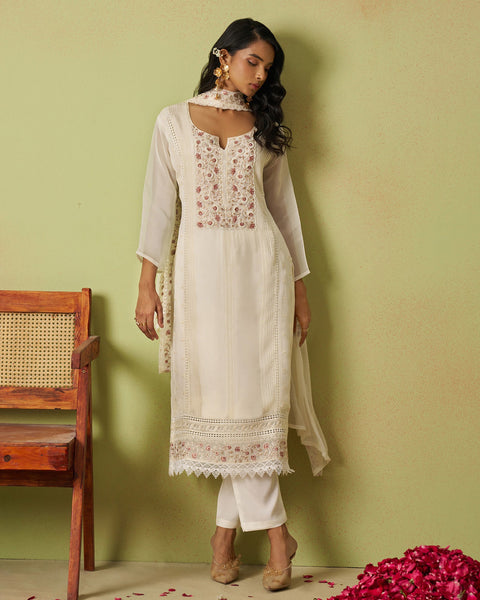Cream Pure Organza Women Unstitched Churidar Suit With Chiffon Dupatta