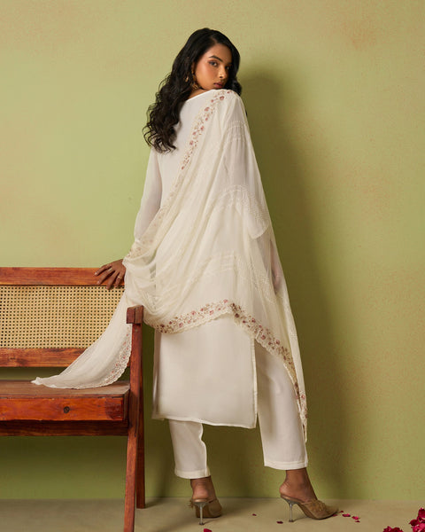 Cream Pure Organza Women Unstitched Churidar Suit With Chiffon Dupatta