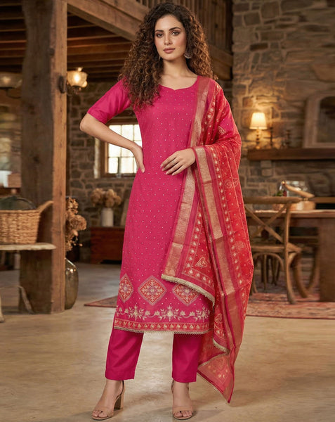 Pink Rayon Cotton Stone Work Unstitched Churidar Suit For Woman