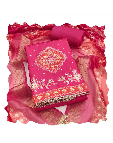 Pink Rayon Cotton Stone Work Unstitched Churidar Suit For Woman