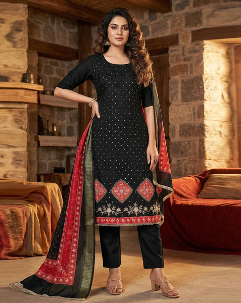 Black Rayon Cotton Stone Work Unstitched Churidar Suit For Woman