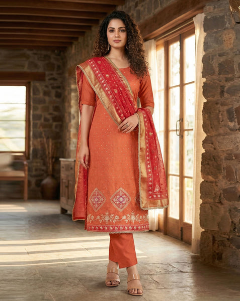 Orange Rayon Cotton Stone Work Unstitched Churidar Suit For Woman