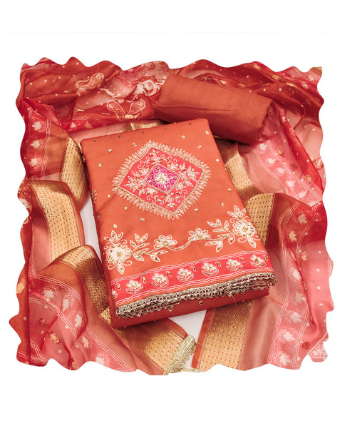 Orange Rayon Cotton Stone Work Unstitched Churidar Suit For Woman