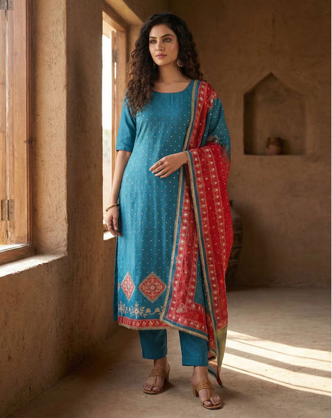 Blue Rayon Cotton Stone Work Unstitched Churidar Suit For Woman