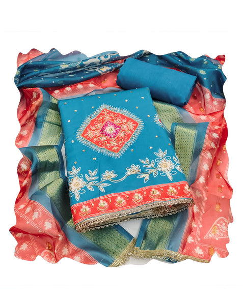 Blue Rayon Cotton Stone Work Unstitched Churidar Suit For Woman