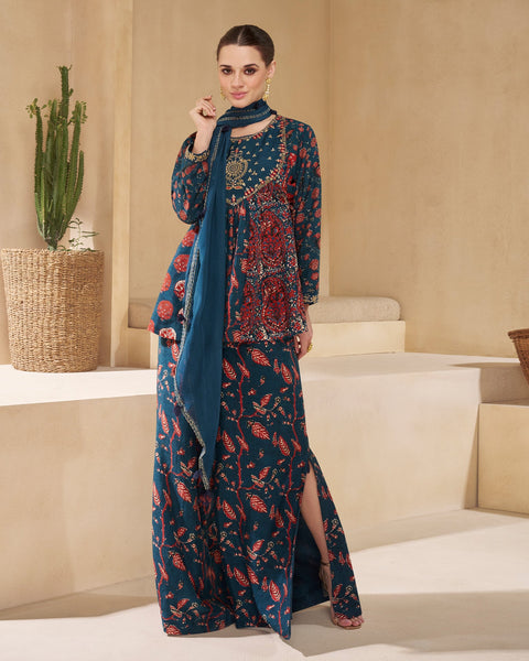 Blue Muslin Cotton Printed Three Piece Co-Ord Set With Wide Leg Palazzo & Dupatta