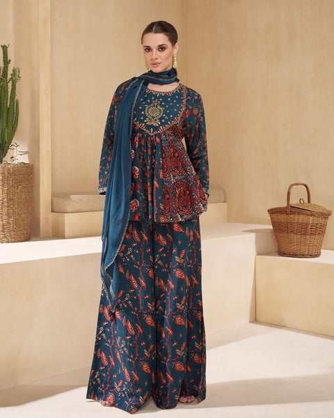 Blue Muslin Cotton Printed Three Piece Co-Ord Set With Wide Leg Palazzo & Dupatta