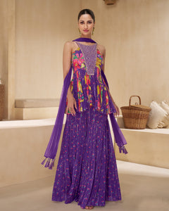 Purple Chinnon Printed Three Piece Co-Ord Set With Wide Leg Palazzo & Net Dupatta