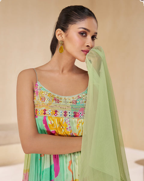 Green Chinnon Printed Three Piece Co-Ord Set With Wide Leg Palazzo & Net Dupatta