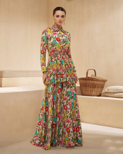 Multicolor Floral Printed Two Piece Co-Ord Set With Wide Leg Palazzo