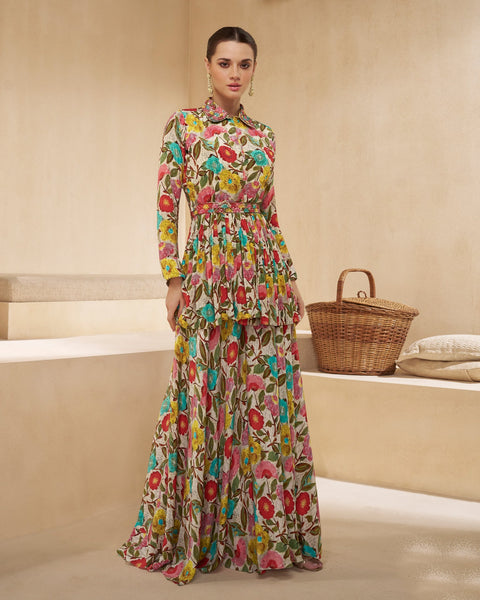 Multicolor Floral Printed Two Piece Co-Ord Set With Wide Leg Palazzo