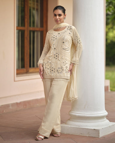 Readymade Cream CO-Ord Palazzo Suit For Woman In Georgette
