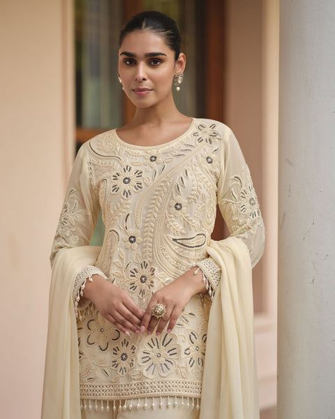 Readymade Cream CO-Ord Palazzo Suit For Woman In Georgette