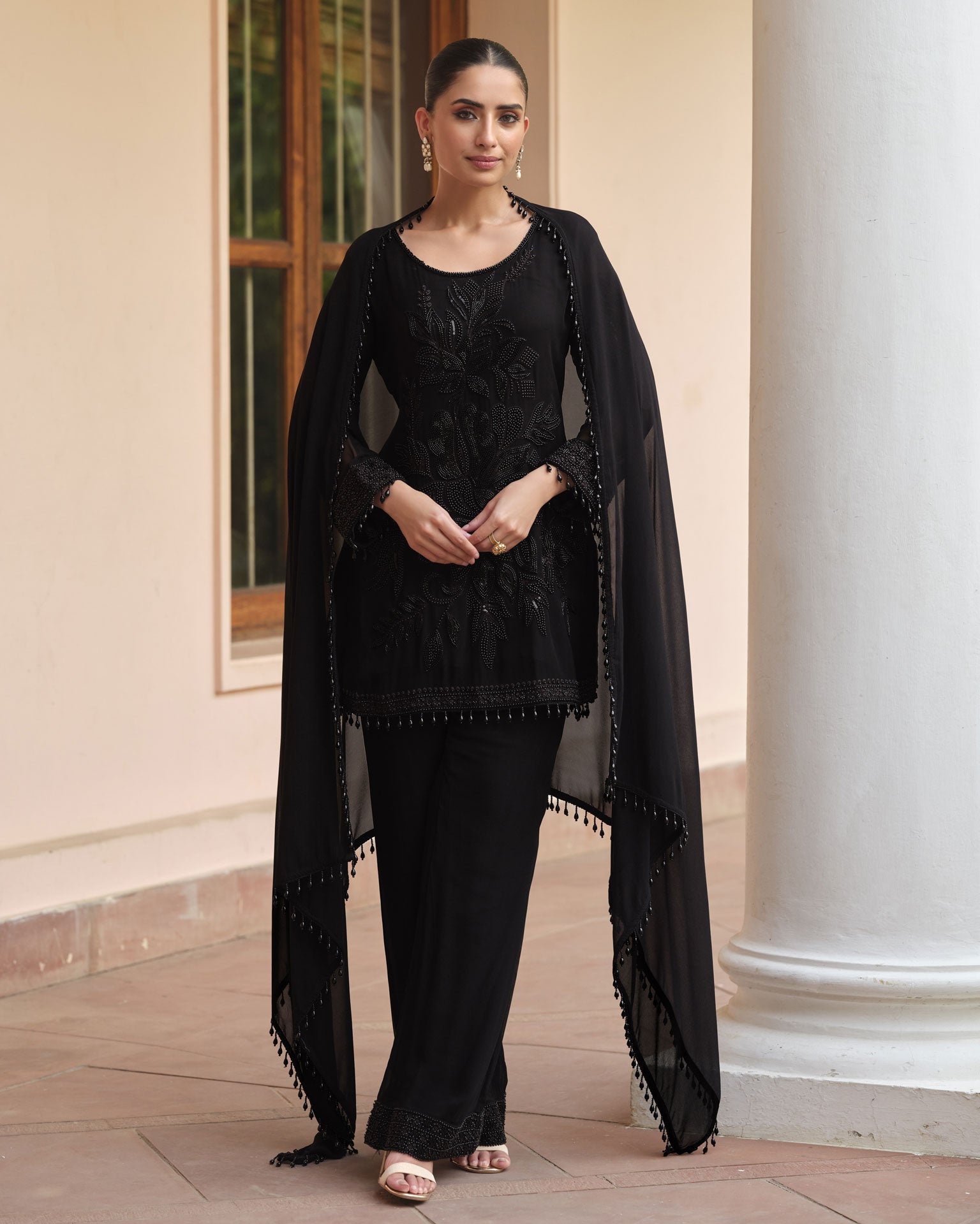 Readymade Black CO-Ord Palazzo Suit For Woman In Georgette