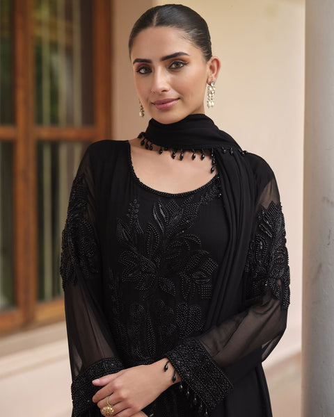 Readymade Black CO-Ord Palazzo Suit For Woman In Georgette