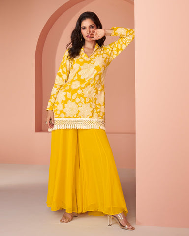 Yellow Georgette Two Piece Co-Ord Set With Wide Leg Palazzo