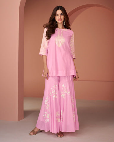 Pink Cotton Silk Two Piece Co-Ord Set With Wide Leg Palazzo
