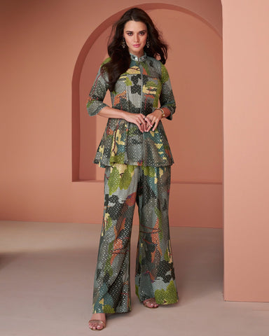 Multicolor Cotton Silk Two Piece Co-Ord Set With Wide Leg Palazzo