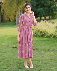 Rose Pink A Line Printed Rayon Kurti Kurta