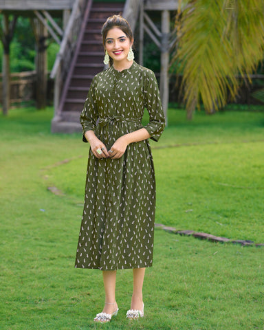 Green A Line Printed Rayon Kurti Kurta