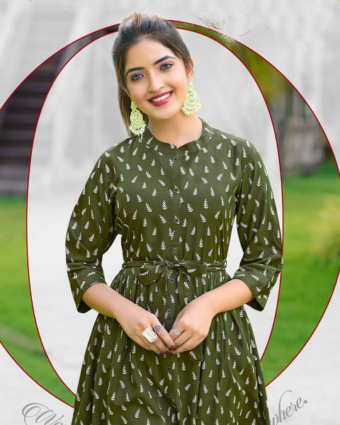 Green A Line Printed Rayon Kurti Kurta