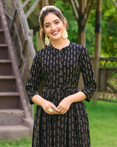 Black A Line Printed Rayon Kurti Kurta