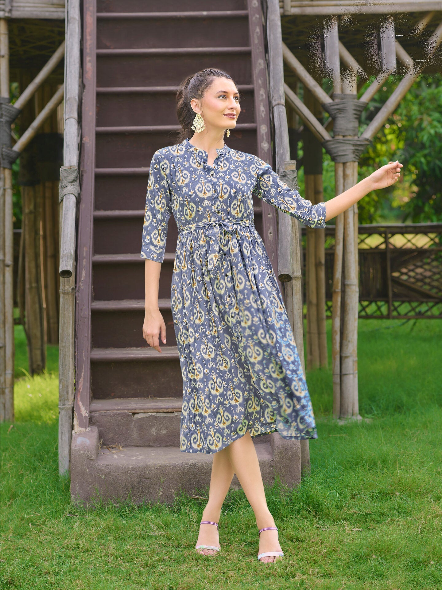 Blue A Line Printed Rayon Kurti Kurta