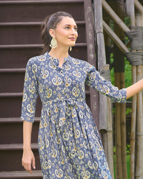 Blue A Line Printed Rayon Kurti Kurta