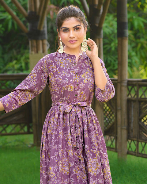 Purple A Line Printed Rayon Kurti Kurta