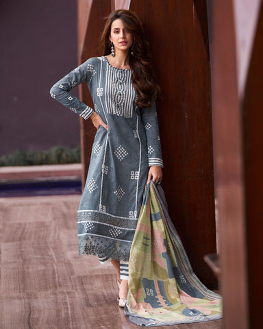 Grey Lawn Cotton Printed Plus Size Churidar Suit With Digital Print Dupatta