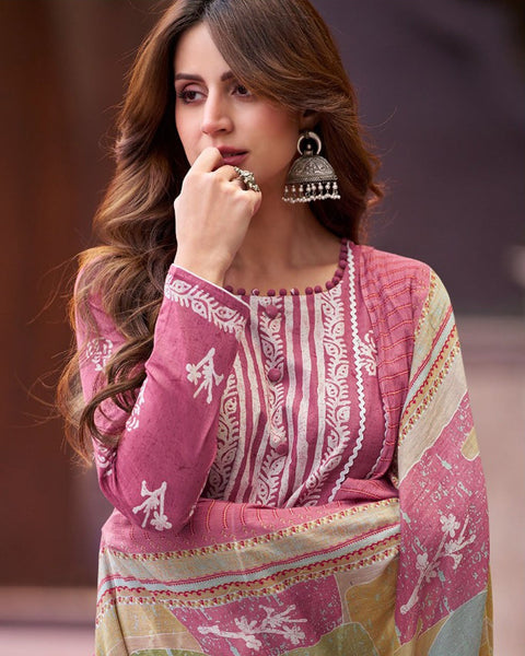Pink Lawn Cotton Printed Plus Size Churidar Suit With Digital Print Dupatta