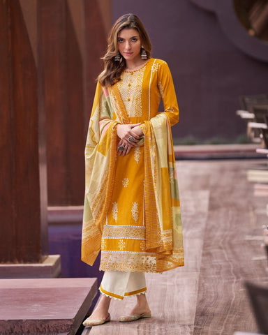 Yellow Lawn Cotton Printed Plus Size Churidar Suit With Digital Print Dupatta