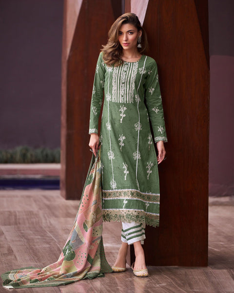 Green Lawn Cotton Printed Plus Size Churidar Suit With Digital Print Dupatta