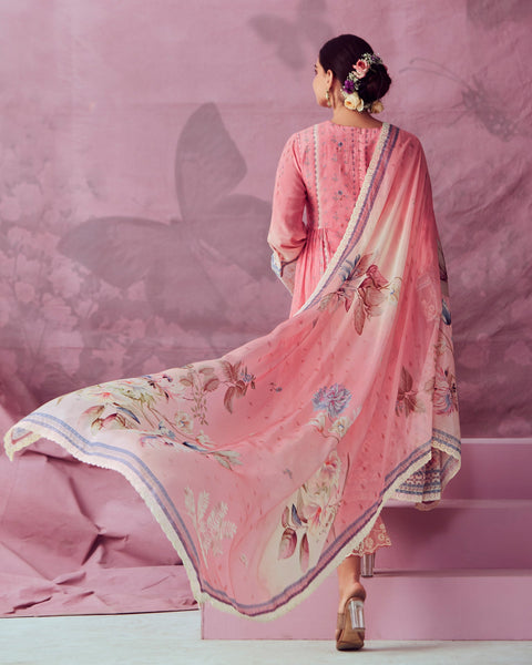 Pink Digital Printed Muslin Cotton Plus Size Straight Pant Suit With Chinnon Dupatta