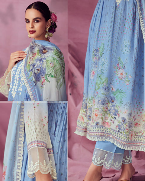 Blue Digital Printed Muslin Cotton Plus Size Straight Pant Suit With Chinnon Dupatta