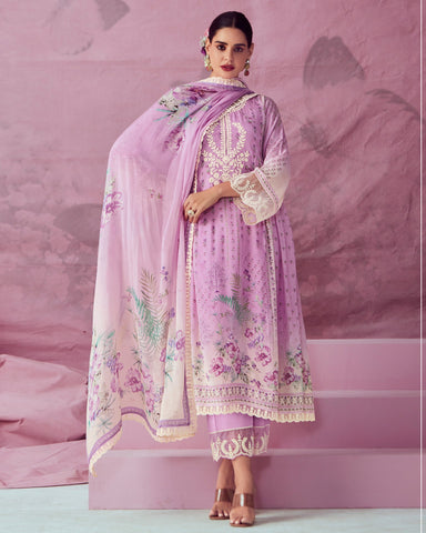 Lavender Digital Printed Muslin Cotton Plus Size Straight Pant Suit With Chinnon Dupatta