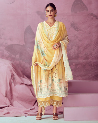 Yellow Digital Printed Muslin Cotton Plus Size Straight Pant Suit With Chinnon Dupatta