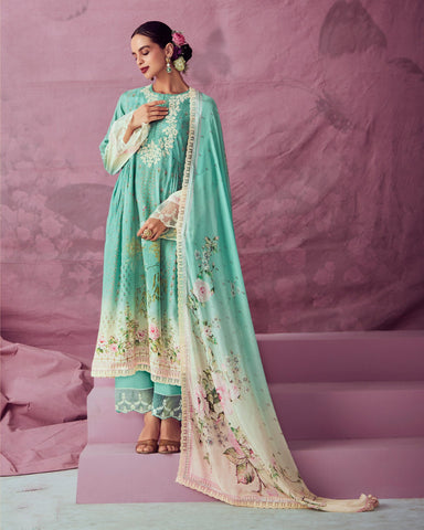 Sea Green Digital Printed Muslin Cotton Plus Size Straight Pant Suit With Chinnon Dupatta