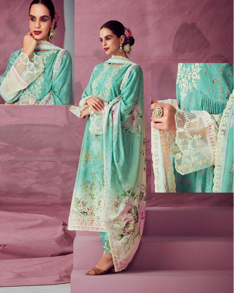 Sea Green Digital Printed Muslin Cotton Plus Size Straight Pant Suit With Chinnon Dupatta
