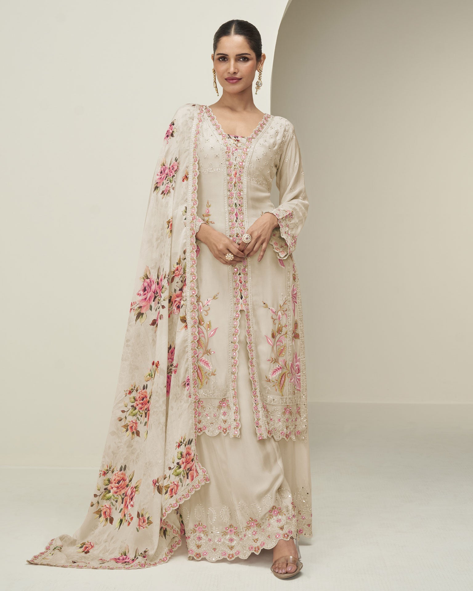 Beige Chinnon Silk Readymade Woman Palazzo Suit With Printed Dupatta