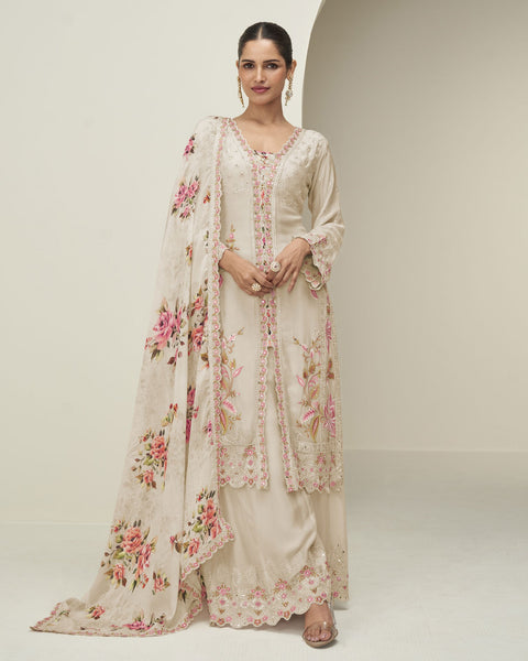 Beige Chinnon Silk Readymade Woman Palazzo Suit With Printed Dupatta