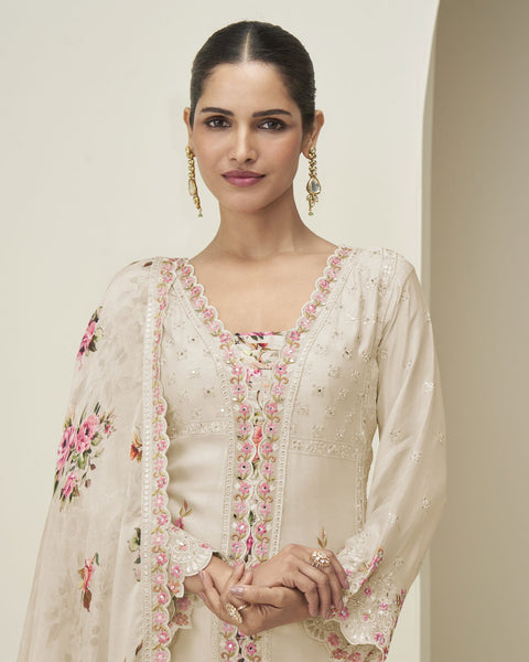 Beige Chinnon Silk Readymade Woman Palazzo Suit With Printed Dupatta
