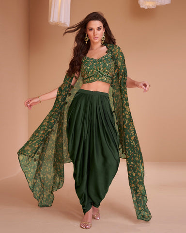 Green Crop Top Dhoti Salwar Suit With Shrug