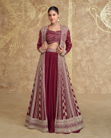 Maroon Chinnon Silk Women Readymade Crop Top Lehenga With Long Jacket