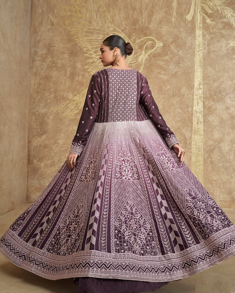 Purple Chinnon Silk Women Readymade Crop Top Lehenga With Long Jacket