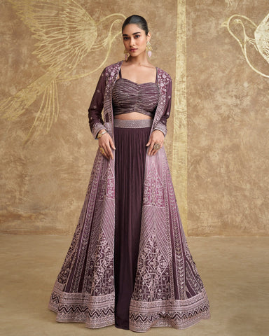 Purple Chinnon Silk Women Readymade Crop Top Lehenga With Long Jacket