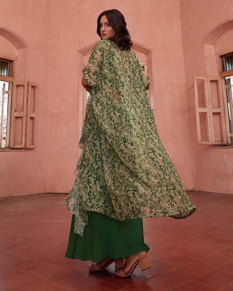 Green Crop Top Sharara Suit With Cape In Georgette Fabric