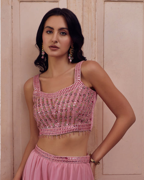 Pink Crop Top Sharara Suit With Dupatta In Georgette Fabric