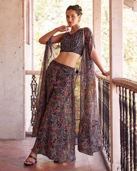 Navy Blue Crop Top Sharara Suit With Cape In Georgette Fabric