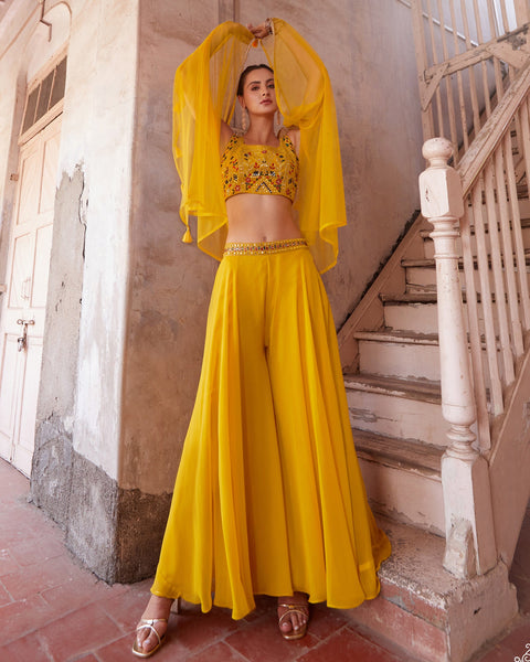 Yellow Crop Top Sharara Suit With Cape In Georgette Fabric